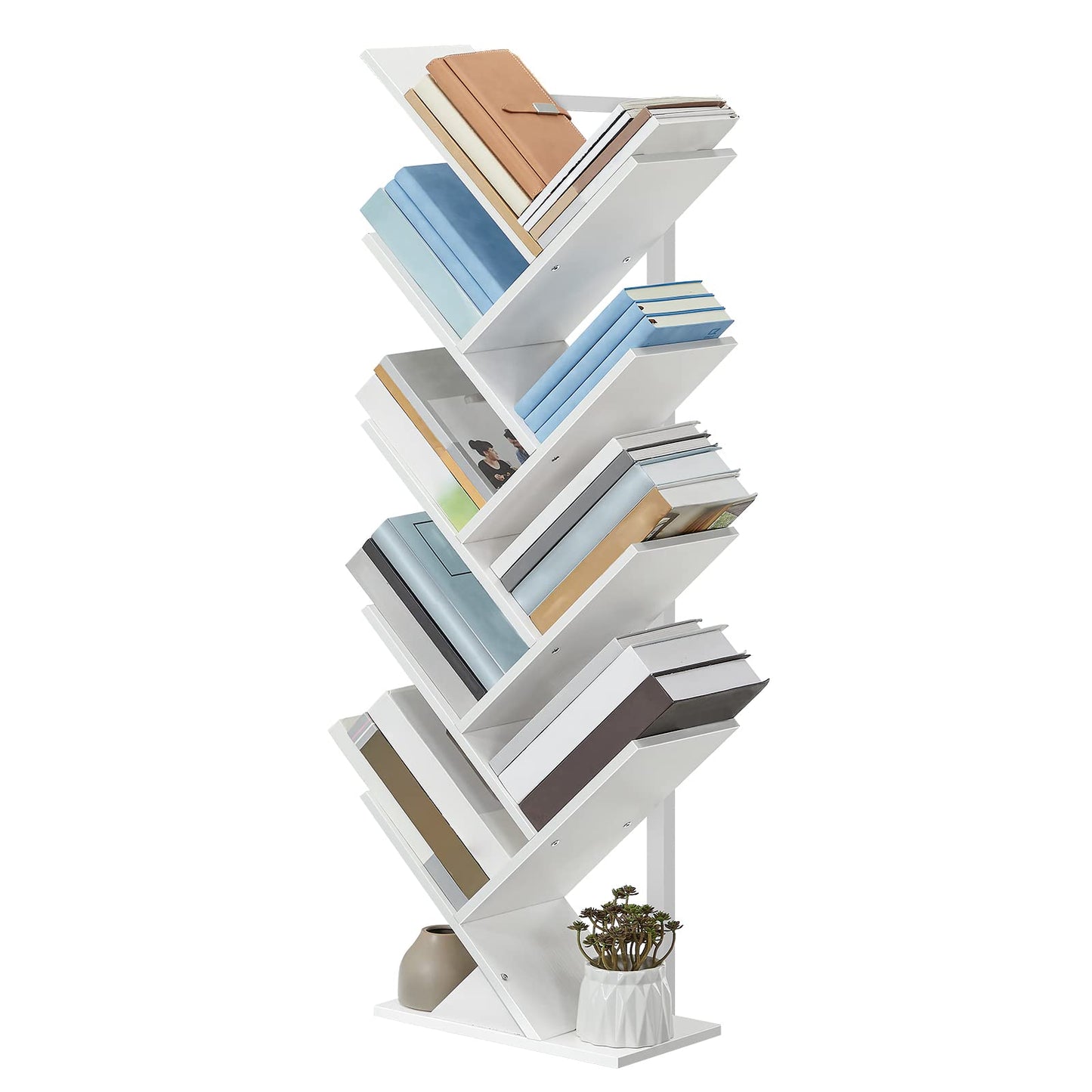 HOOBRO White 9-Tier Floor-Standing Wooden Tree-Shaped Bookshelf