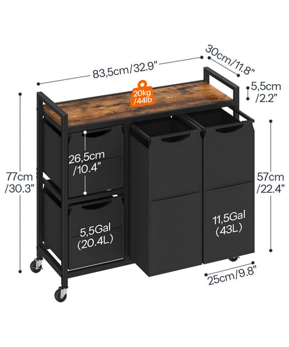 HOOBRO Laundry Sorter with 4 Section, 34 Gal. (127 L) Laundry Hamper with Wheels, Rolling Laundry Basket with Shelf, Pull-Out Detachable Bags, Side Pockets, Rustic Brown and Black BF14XY01N1