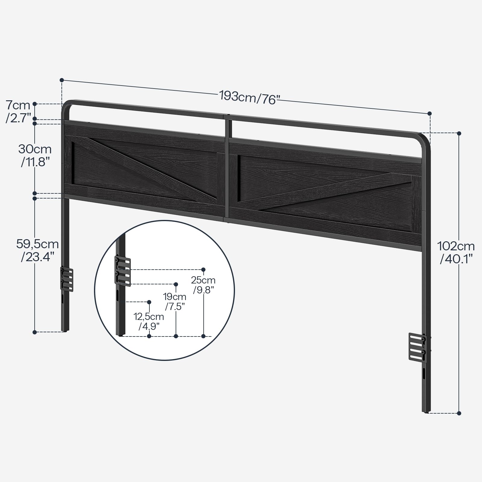 Black metal headboard with dimensions labeled on a white background