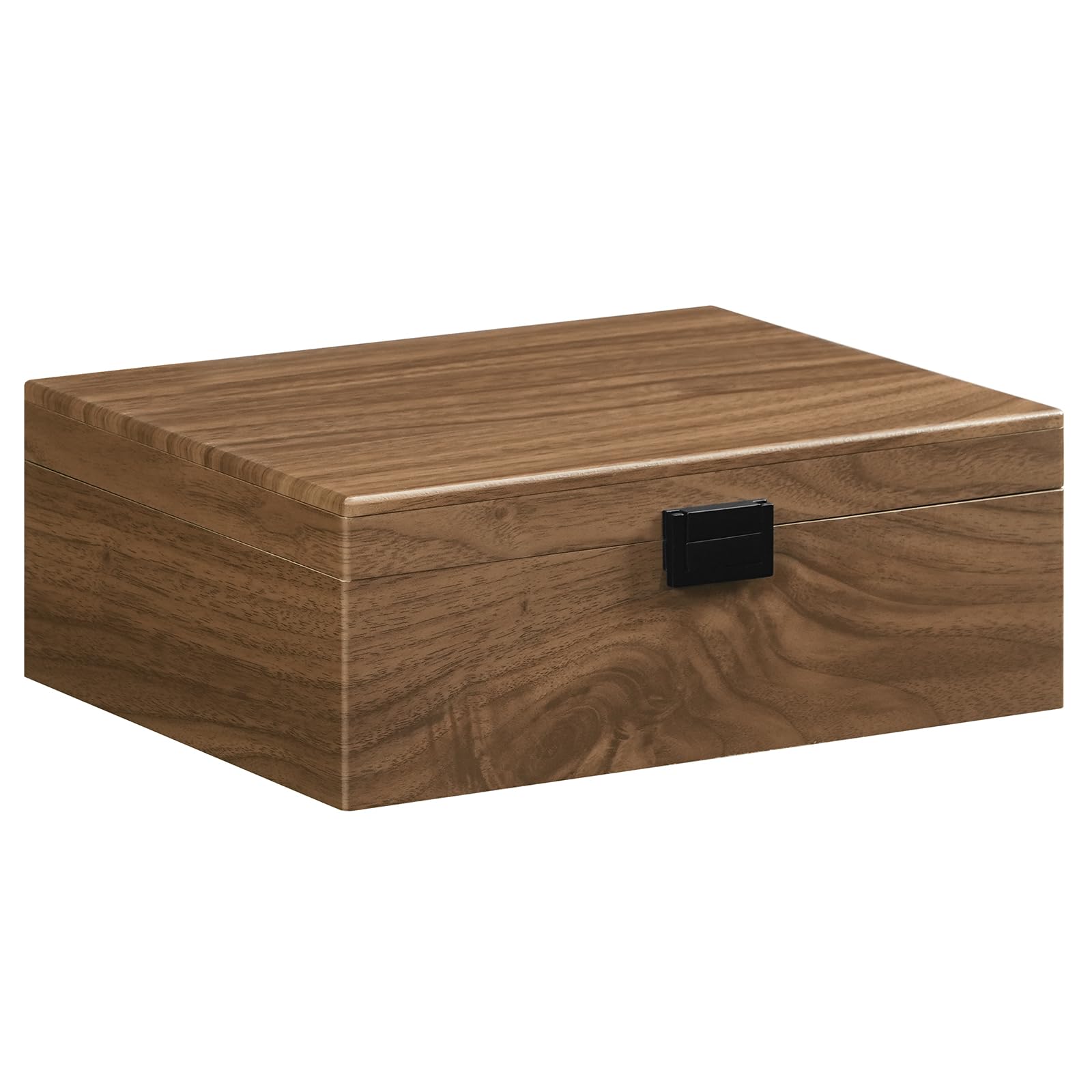Wooden box with a black latch on a white background