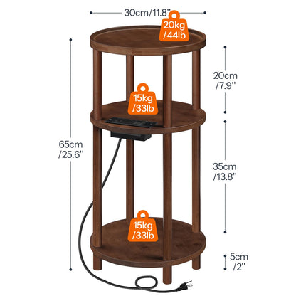 HOOBRO Mocha Three-Tier Small Round Side Table with USB Charging Port