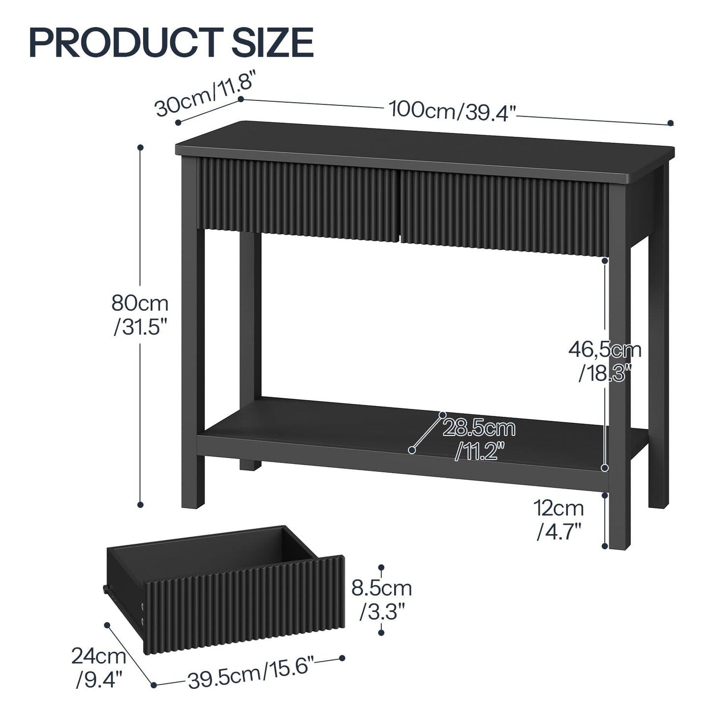 HOOBRO 39.4-inch Black Double-Layer Roughside Table with 2 Drawers & Storage Shelf