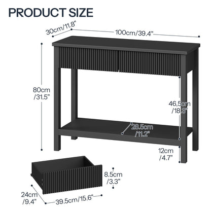 HOOBRO 39.4-inch Black Double-Layer Roughside Table with 2 Drawers & Storage Shelf