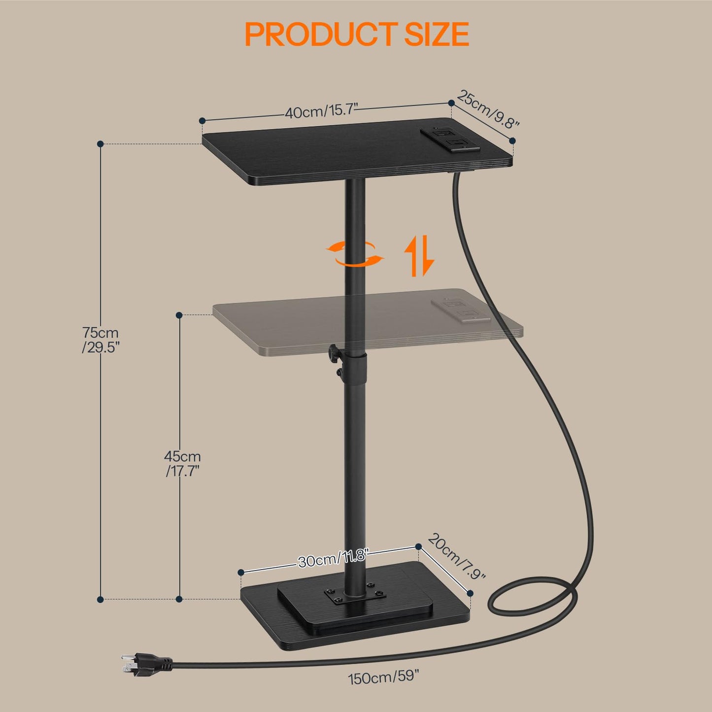 HOOBRO Adjustable Height End Table, 360° Swivel Narrow Side Table with Charging Station, Narrow Sofa Bedside Table for Small Space, Living Room, Bedroom, Black BB425UBZ01