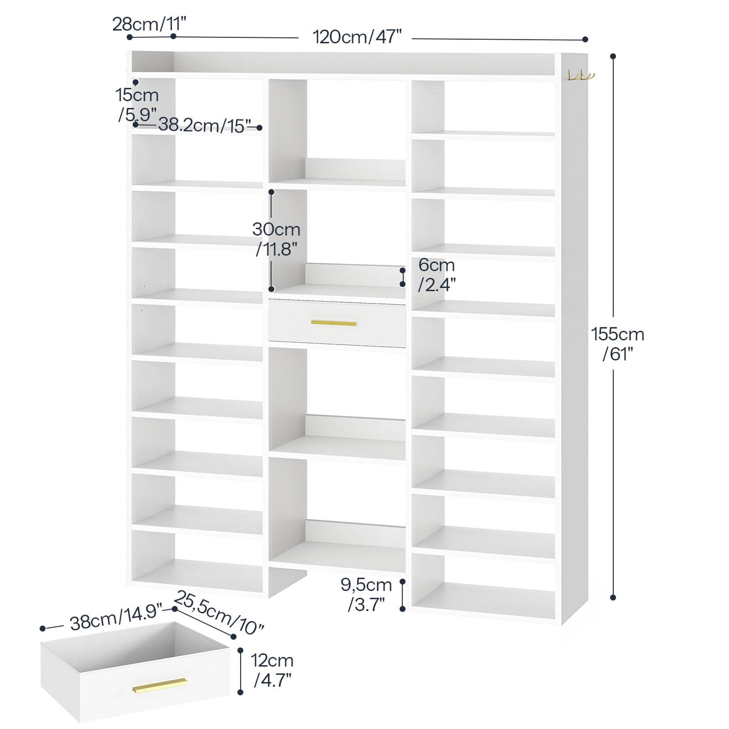 HOOBRO 10-Tier Wooden Shoe Rack Organizer with Cubbies & Fabric Drawer