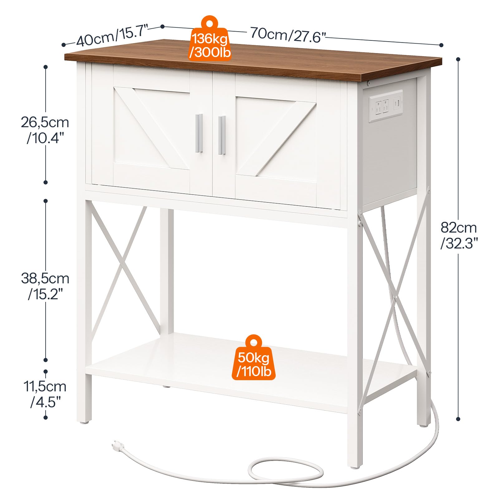 White kitchen island with wooden top and measurements on a white background