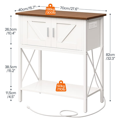 White kitchen island with wooden top and measurements on a white background