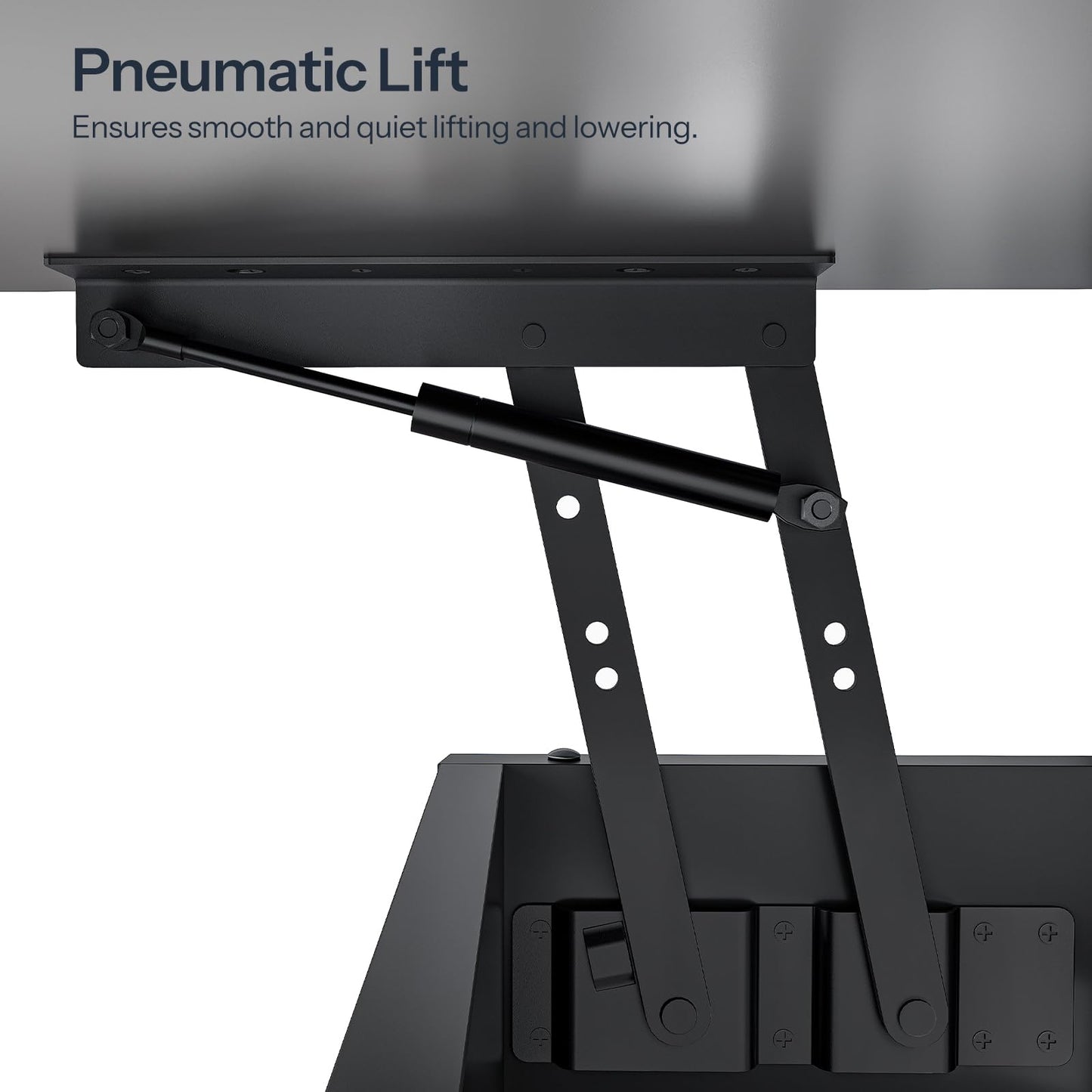 Pneumatic lift mechanism with text indicating smooth and quiet lifting and lowering.