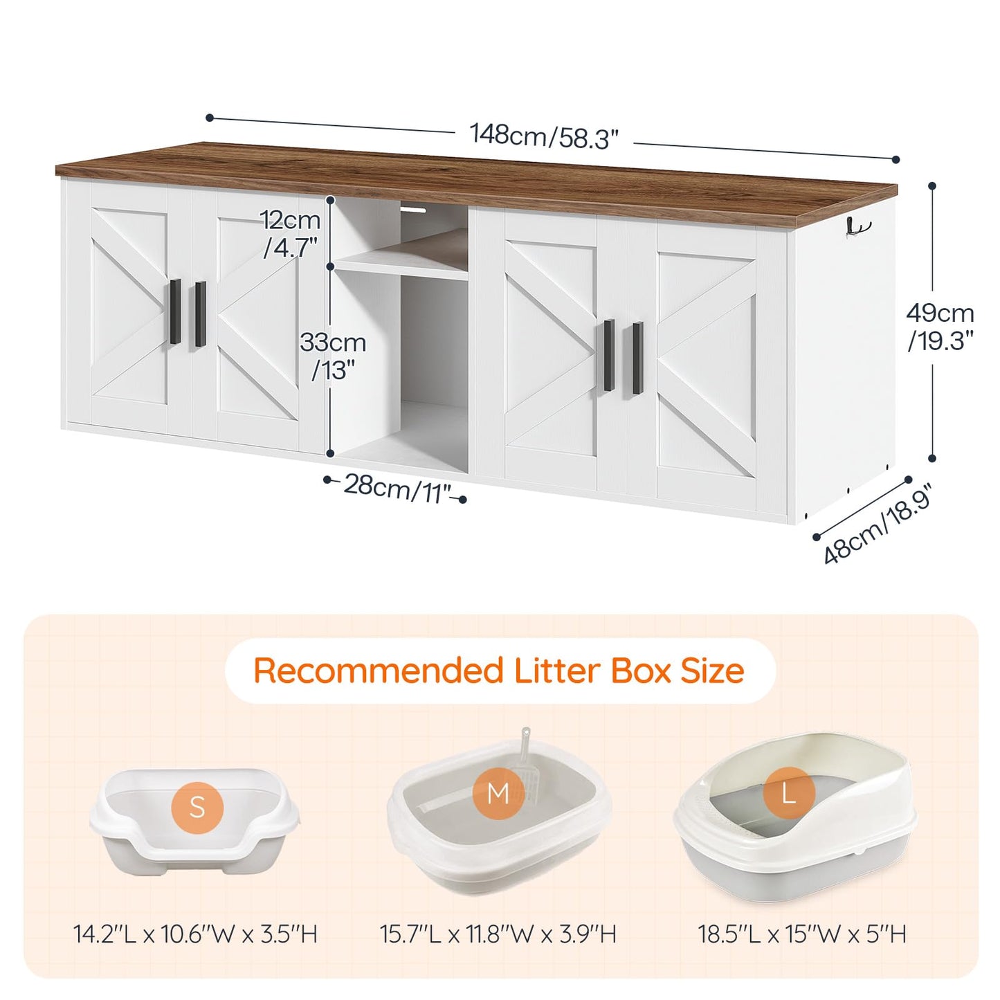 HOOBRO White Double-Layer Concealed Litter Box Cabinet with Aisle & Storage Shelves & Hooks