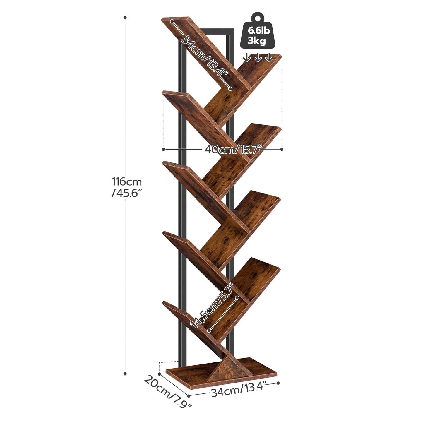 HOOBRO Vintage Brown 9-Tier Floor-Standing Wooden Tree-Shaped Bookshelf