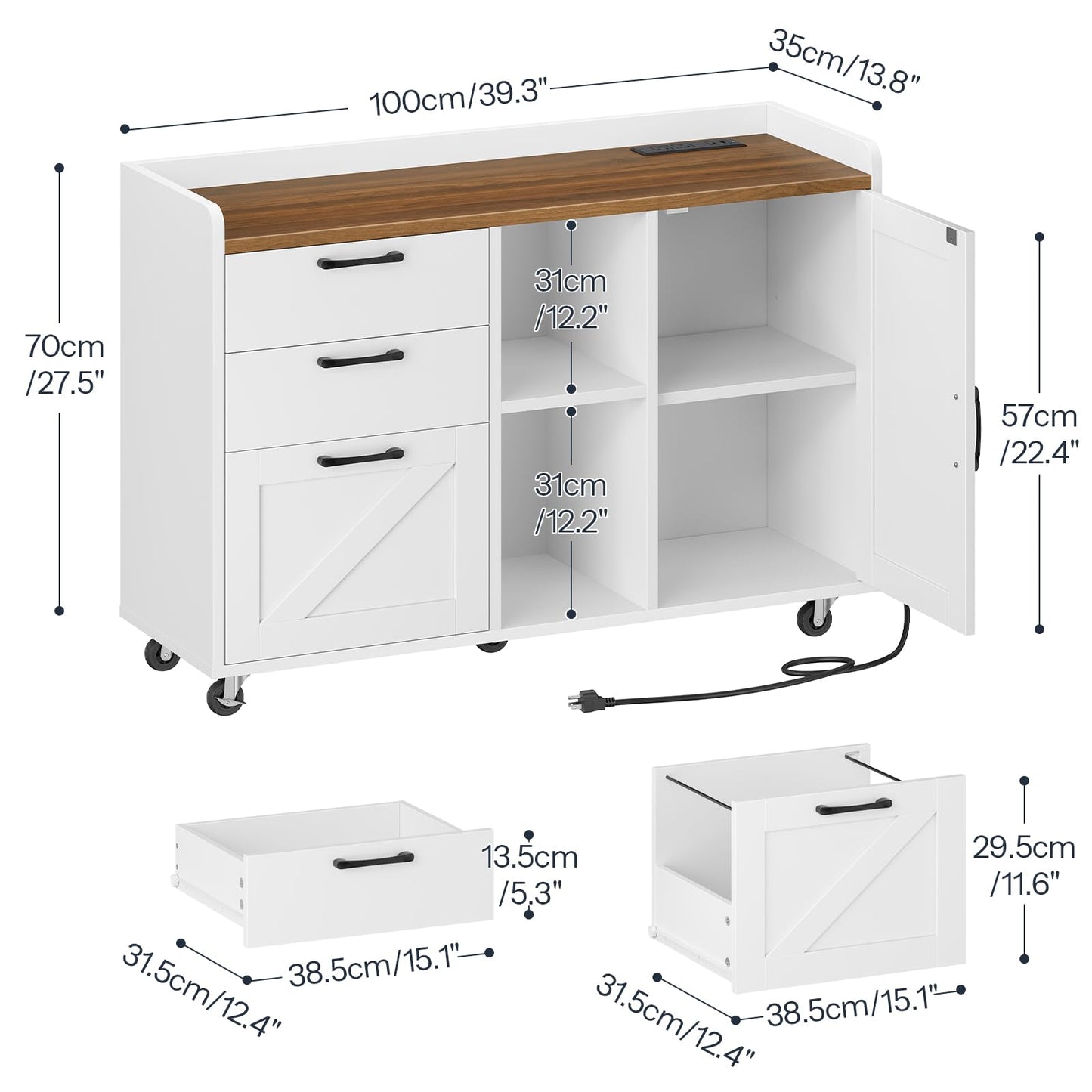 HOOBRO White Farmhouse Style Wooden Side-Pull Filing Cabinet with Charging Station & 3 Drawers & Cabinet Door