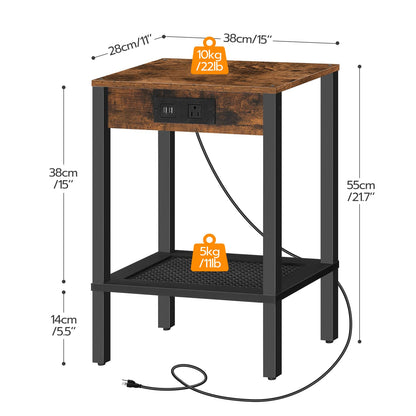 HOOBRO Retro Brown-Edged  End Table Set with Charging Station & USB Port & Power Outlet & Double-Layer Storage Shelf / 2PICS