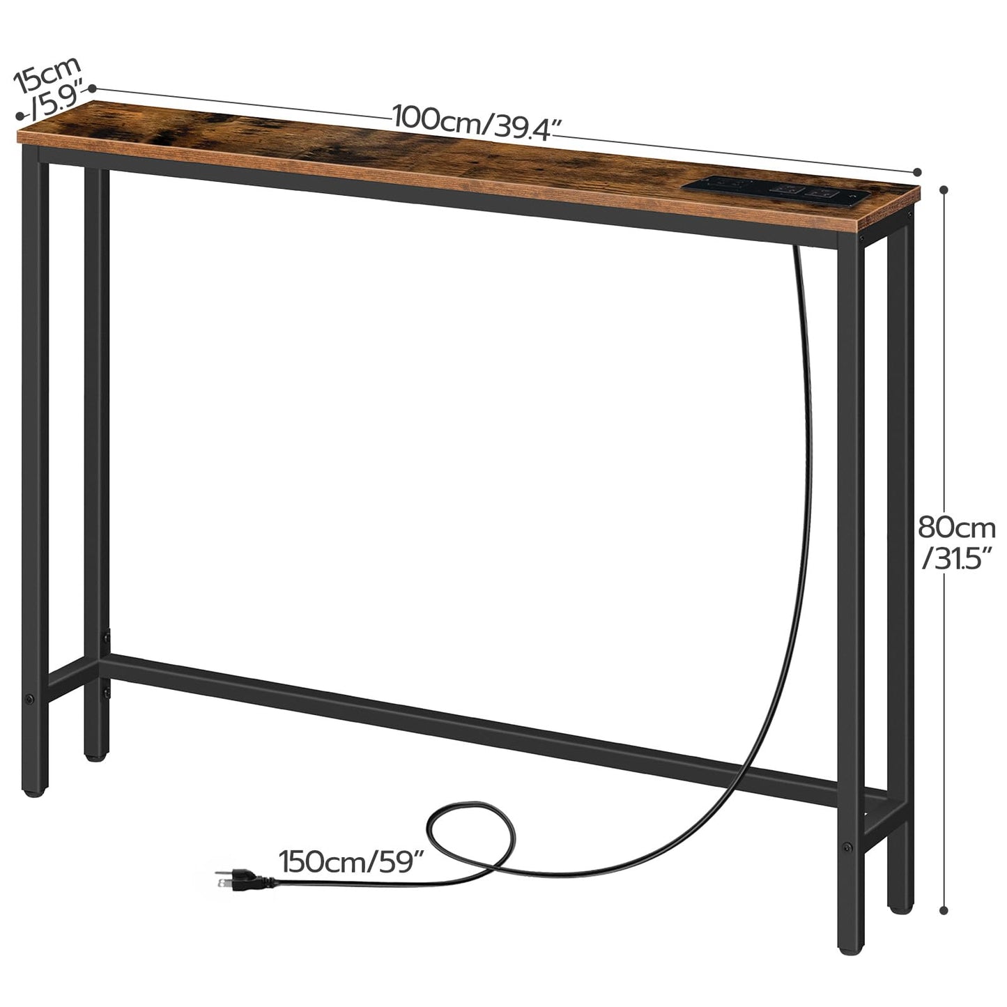 HOOBRO Retro Brown 39.4-inch Narrow Console Table with Power Outlet & Charging Station