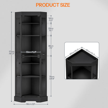 Black corner shelf with dimensions on a gray background