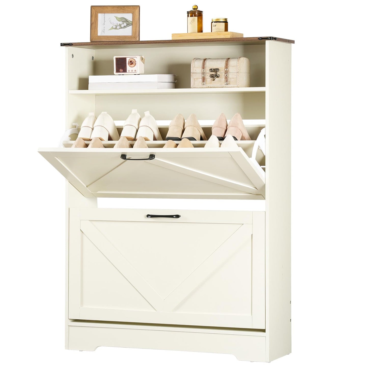 HOOBRO Warm White 31.5-inch Farmhouse Style Long Shoe Cabinet with 2 Flip-Top Drawers & Open Shelves & Adjustable Shelves