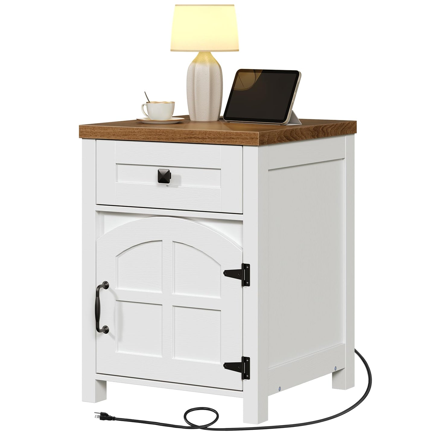 White nightstand with wooden top, lamp, and laptop on a white background