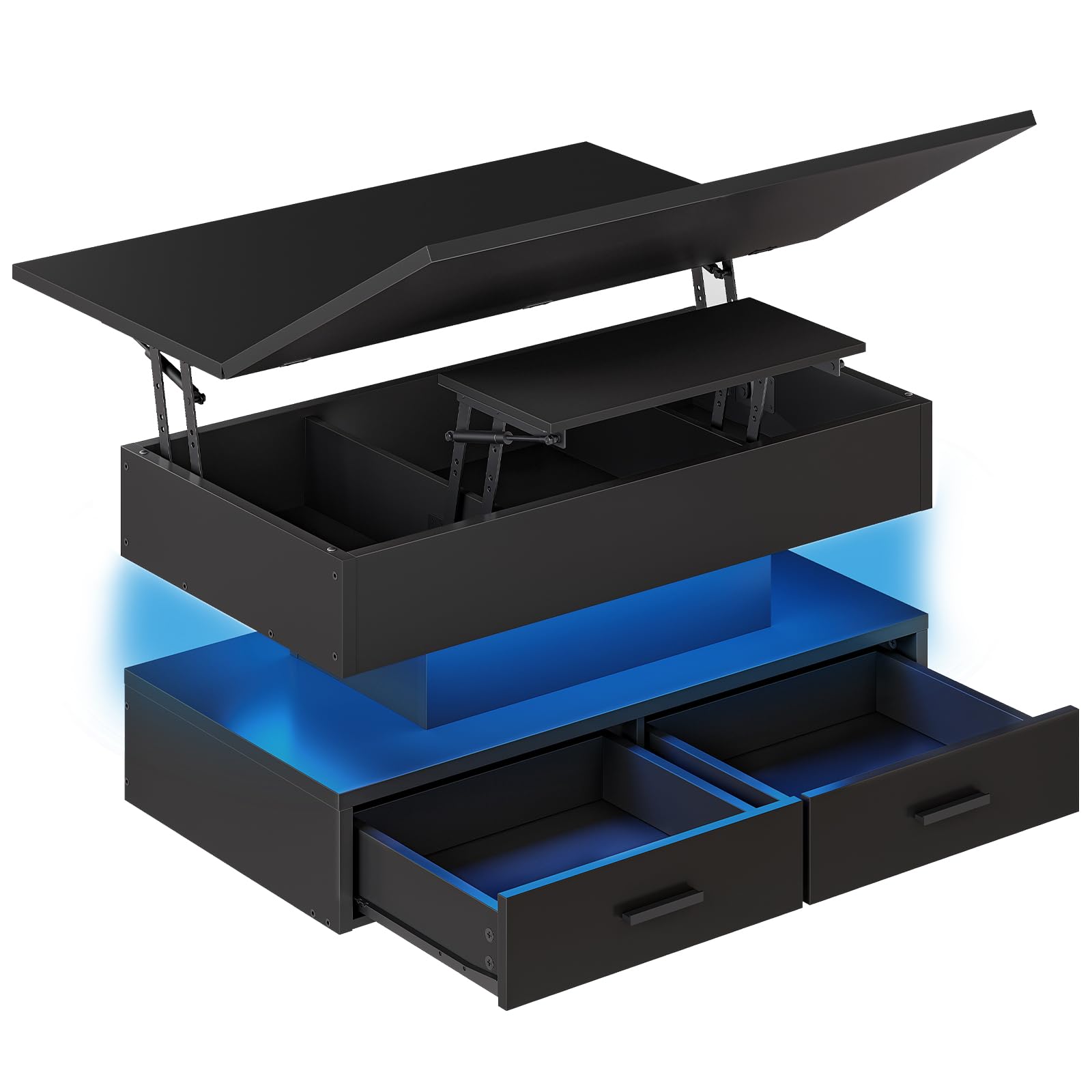 Black lift-top storage table with blue LED lighting on a white background