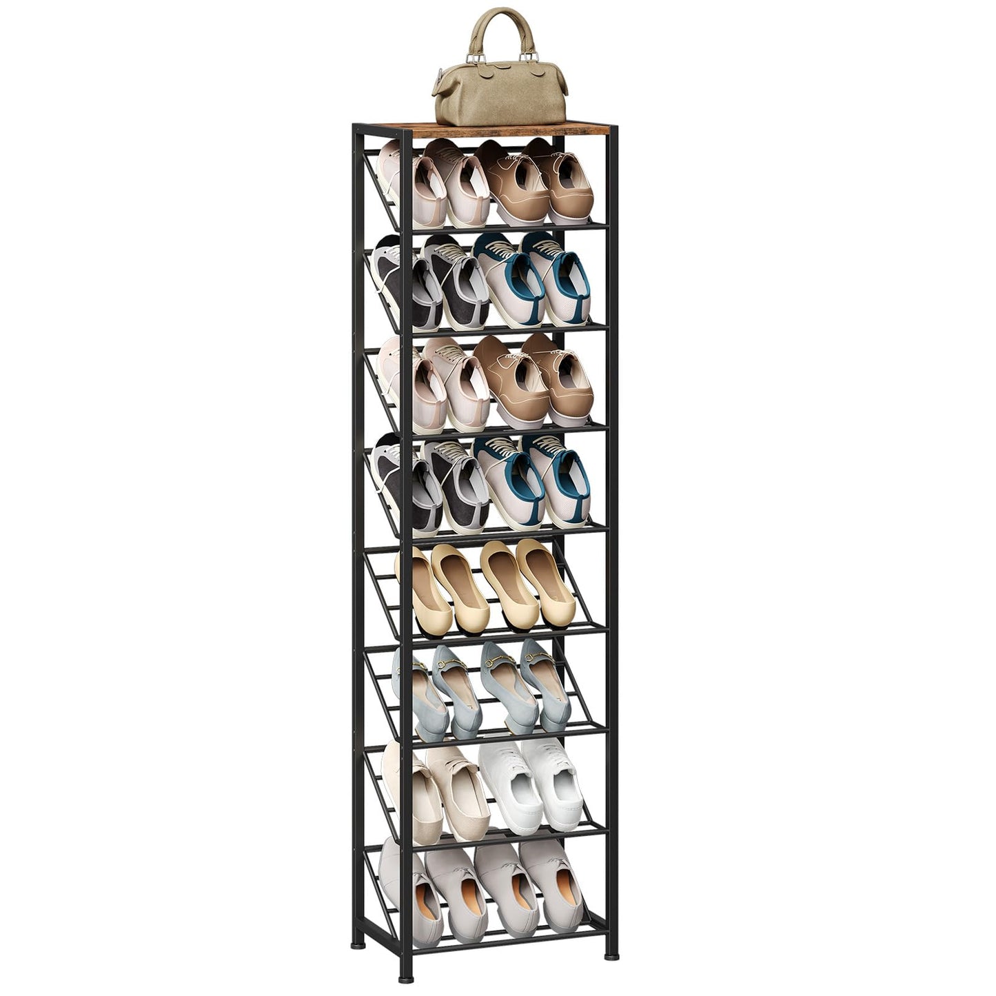 Shoe rack with multiple pairs of shoes on a white background