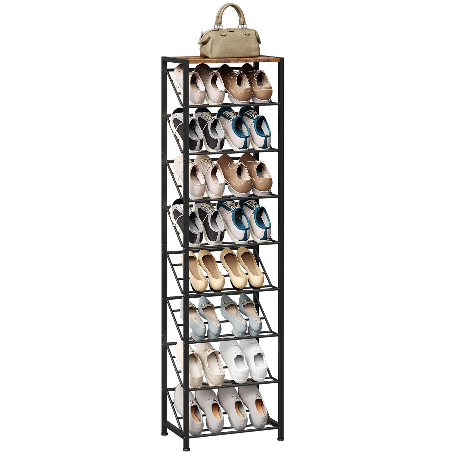 Shoe rack with multiple pairs of shoes on a white background