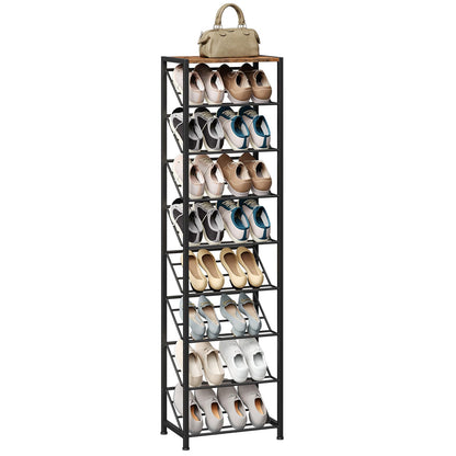 Shoe rack with multiple pairs of shoes on a white background