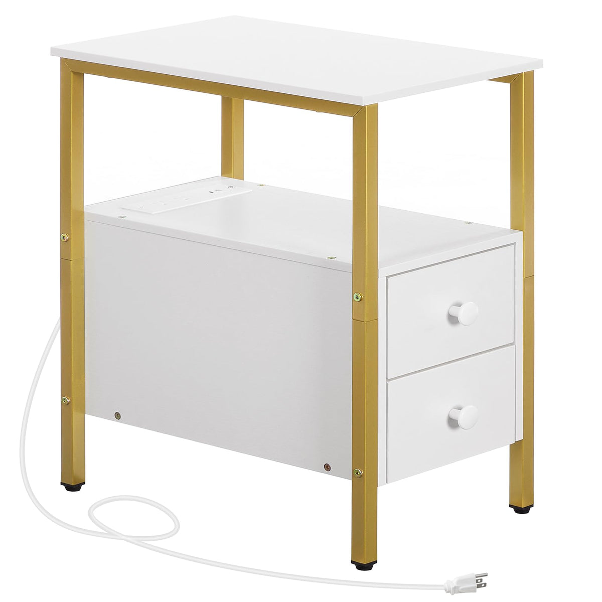 HOOBRO End Table with Charging Station, Narrow Side Table with 2 Drawer & USB Port & Power Outlets, Nightstand for Small Spaces, Stable and Sturdy, for Living Room, Bedroom, Gold and White DW541BZ01