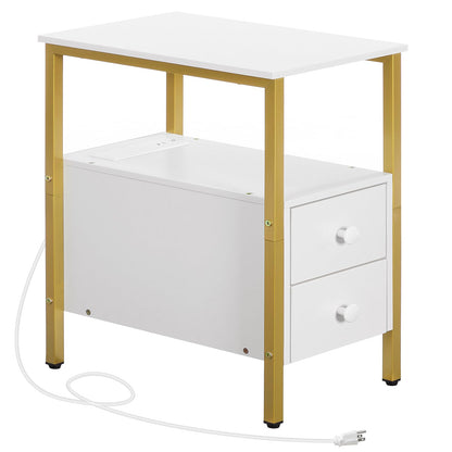 HOOBRO End Table with Charging Station, Narrow Side Table with 2 Drawer & USB Port & Power Outlets, Nightstand for Small Spaces, Stable and Sturdy, for Living Room, Bedroom, Gold and White DW541BZ01