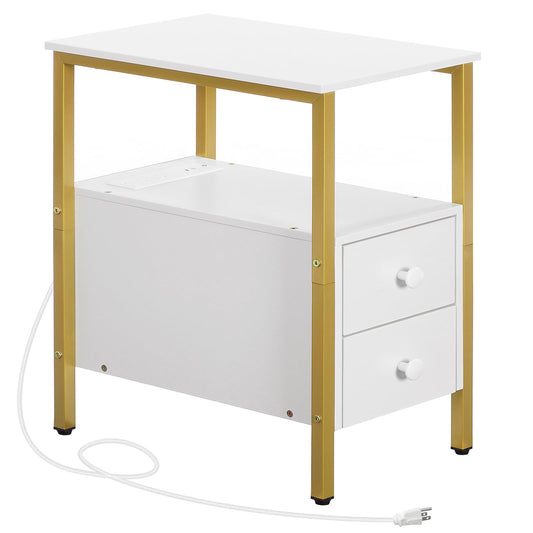 HOOBRO End Table with Charging Station, Narrow Side Table with 2 Drawer & USB Port & Power Outlets, Nightstand for Small Spaces, Stable and Sturdy, for Living Room, Bedroom, Gold and White DW541BZ01