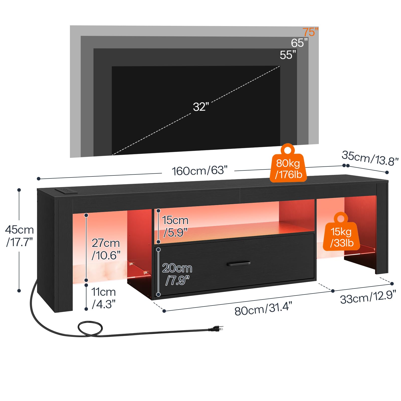 HOOBRO LED TV Stand with Power Outlets for Up to 65″ TVs