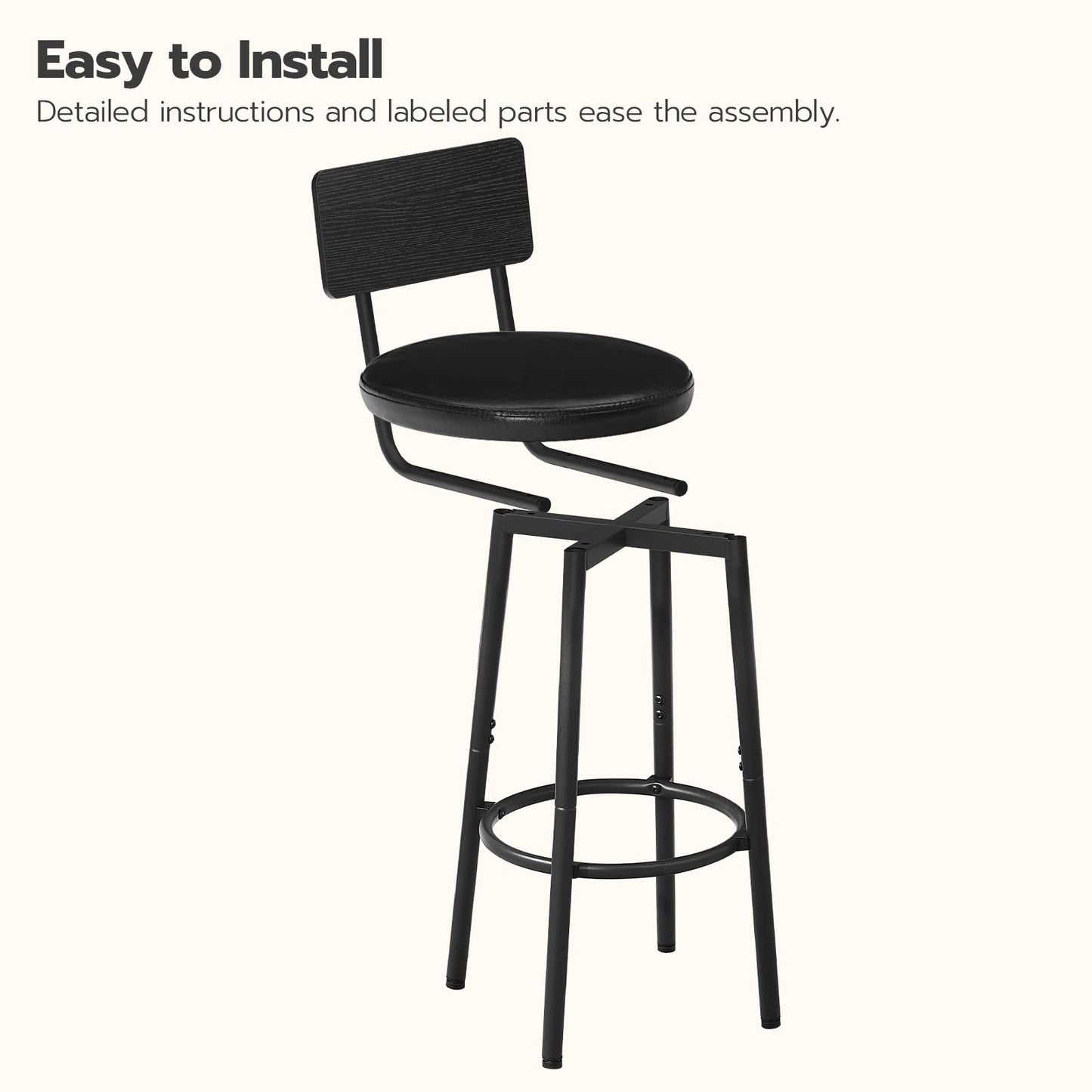 HOOBRO Black 26-inch PU Padded Bar Stool with Footrest and Backrest /2PICS