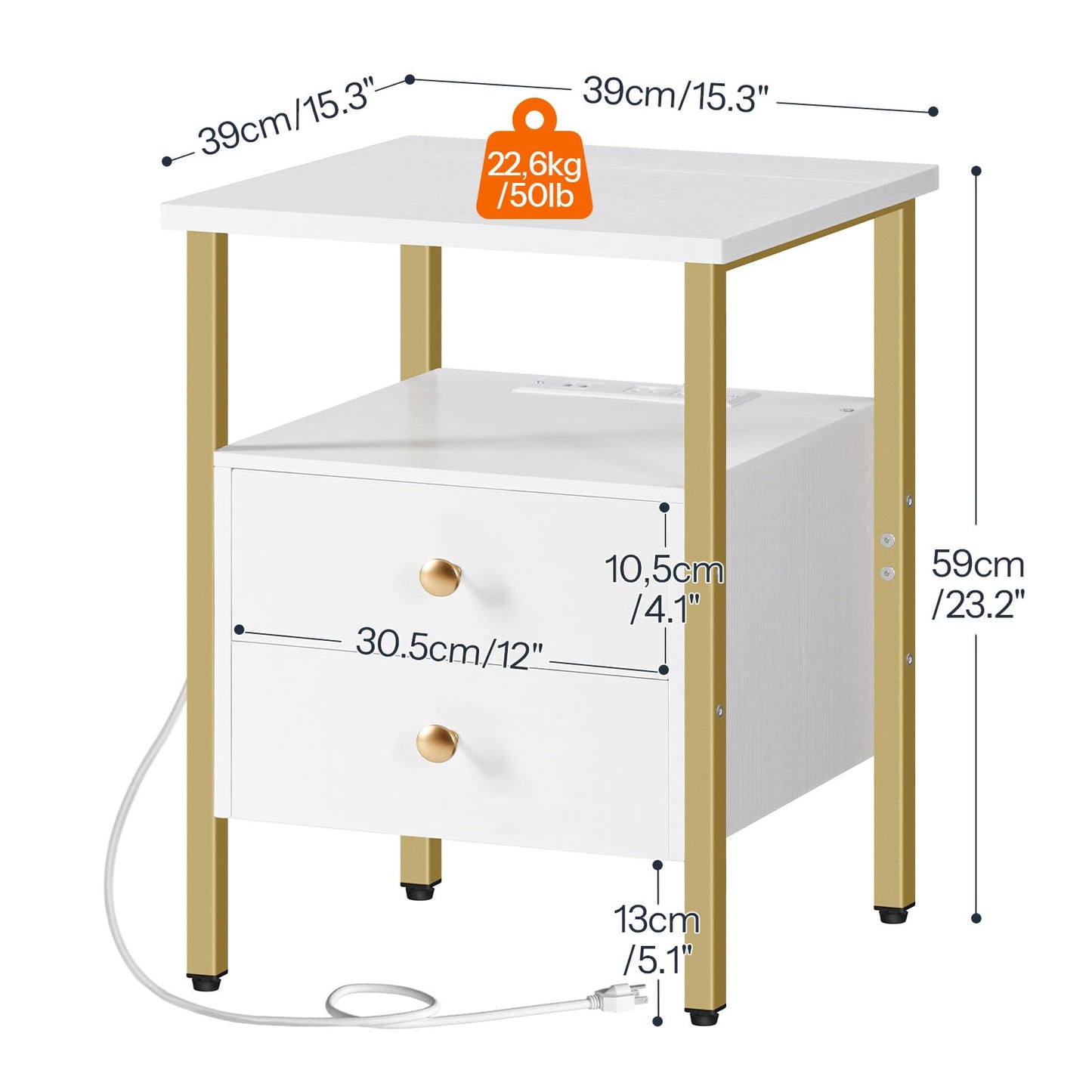 HOOBRO Side Table with Charging Station & 2 Drawers & USB Port & Type-C Port