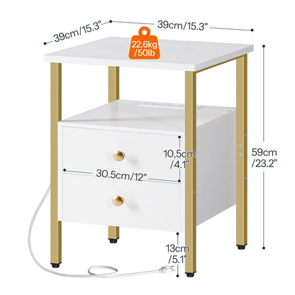 HOOBRO Side Table with Charging Station & 2 Drawers & USB Port & Type-C Port