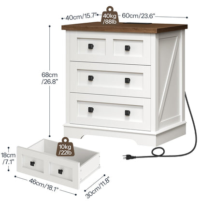 HOOBRO White 23.6-inch Wide Farmhouse Style Bedside Table with 3 Drawers & Charging Station
