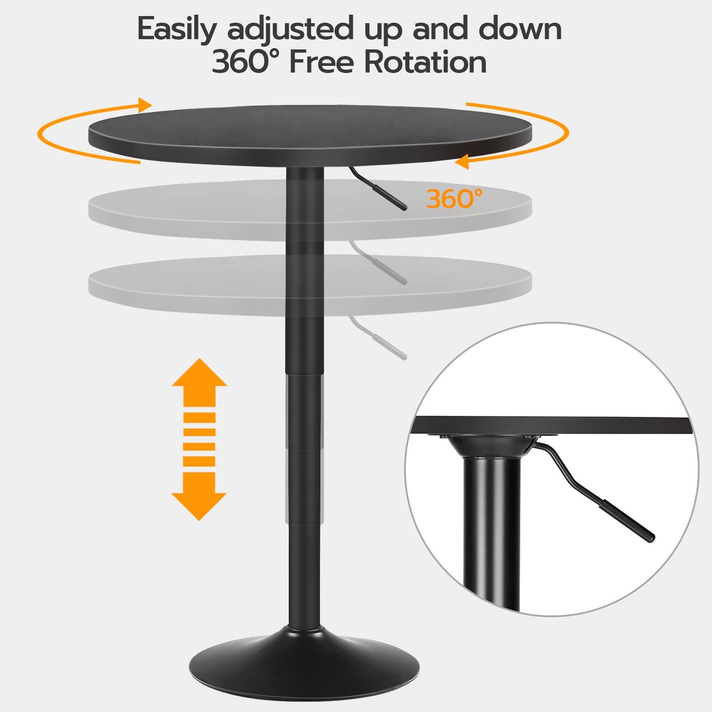 HOOBRO Black Modern Style 27-35.4 inch Height Adjustable Round Bar Table with Sturdy Base