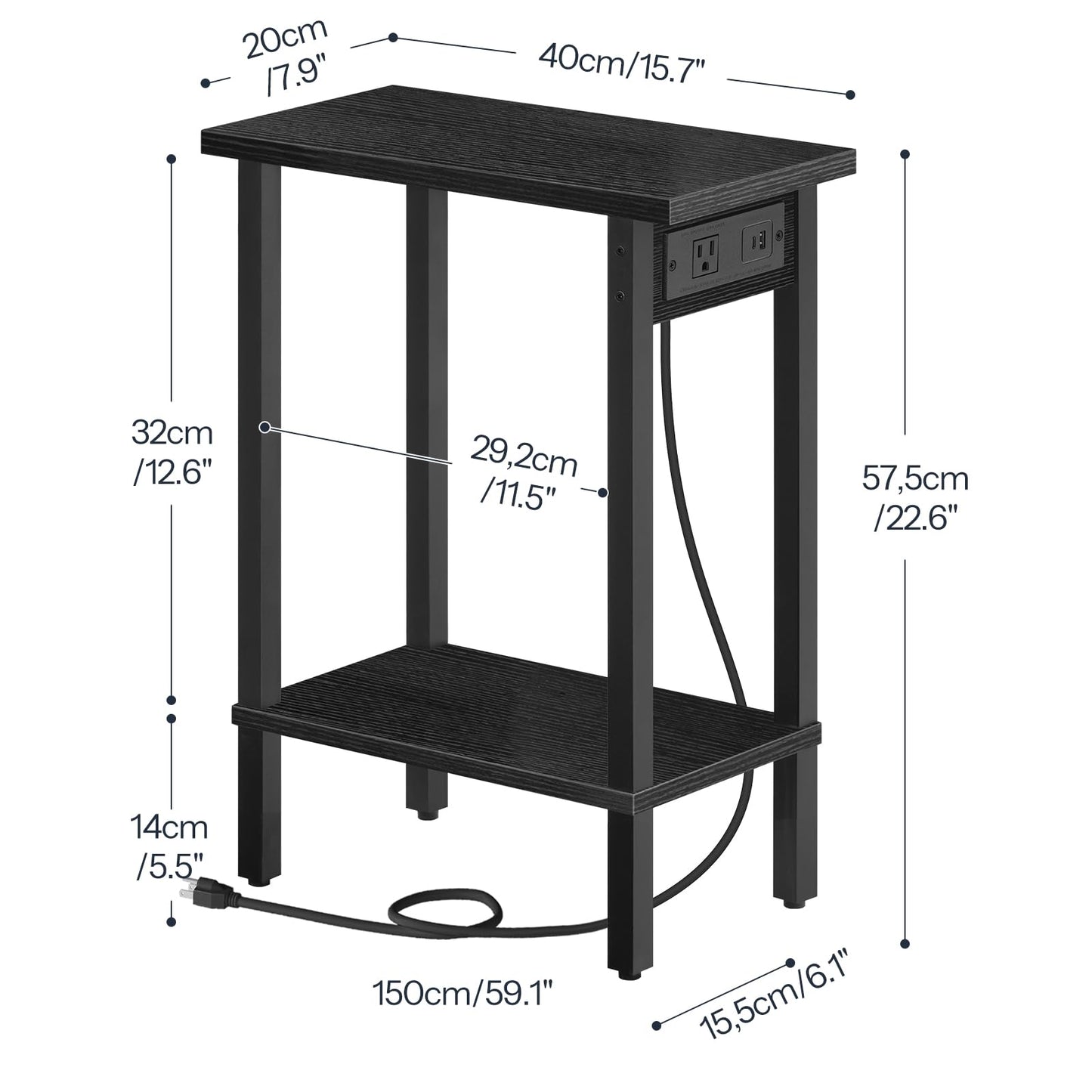 HOOBRO Small End Table with Charging Station, Narrow Side Table with USB Port and Outlets, Skinny Sofa Table, Slim Nightstand, Living Room, Bedroom, Black BK240UBZ01