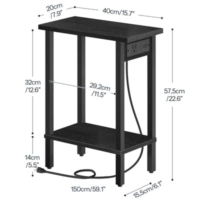 HOOBRO Small End Table with Charging Station, Narrow Side Table with USB Port and Outlets, Skinny Sofa Table, Slim Nightstand, Living Room, Bedroom, Black BK240UBZ01