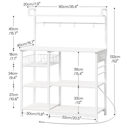 HOOBRO Bakers Rack with Power Outlet, 35.4 Inches Coffee Bar with Mesh Basket, Microwave Stand with 4 S-Shaped Hooks, Kitchen Bakers Rack with Storage, Easy to Assemble, White WT05HB01