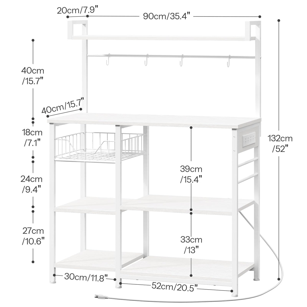 HOOBRO Bakers Rack with Power Outlet, 35.4 Inches Coffee Bar with Mesh Basket, Microwave Stand with 4 S-Shaped Hooks, Kitchen Bakers Rack with Storage, Easy to Assemble, White WT05HB01