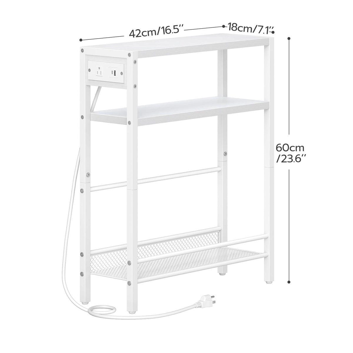 HOOBRO Small Narrow Side Table with Charging Station, Skinny End Table for Small Spaces, Slim Nightstand with USB Ports Outlet, Sofa Beside Table with Storage Shelf, White WT102UBZ01
