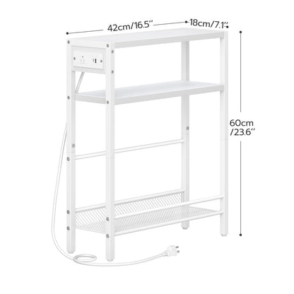HOOBRO Small Narrow Side Table with Charging Station, Skinny End Table for Small Spaces, Slim Nightstand with USB Ports Outlet, Sofa Beside Table with Storage Shelf, White WT102UBZ01