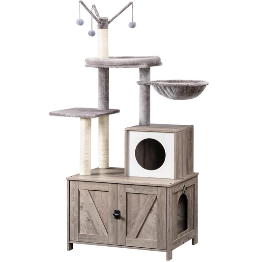 HOOBRO Greige Wooden Concealed Cat Tree Tower with Litter Box Enclosure & Scratching Post