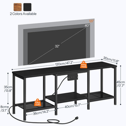 Black TV stand with measurements and weight capacity displayed, showing two color options.