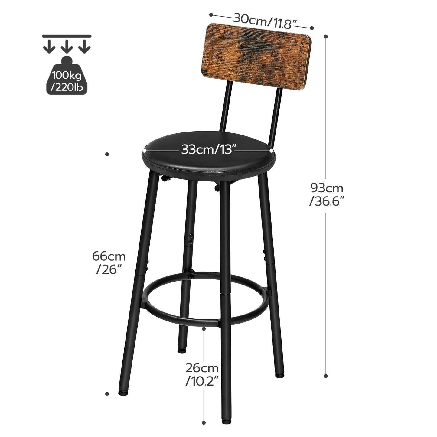 HOOBRO Retro Brown 26-inch PU Soft Cushion Bar Stool with Footrest & Backrest / 2PICS