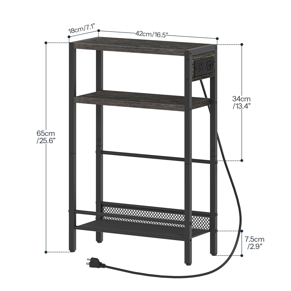 HOOBRO Small Narrow Side Table with Charging Station, Skinny End Table for Small Spaces, Slim Nightstand with USB Ports Outlet, Sofa Beside Table with Storage Shelf, Charcoal Black BC102UBZ01