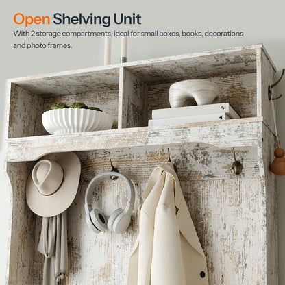 HOOBRO Vintage White Bench with Flip-Top Shoe Cabinet & Coat Rack for Entryways