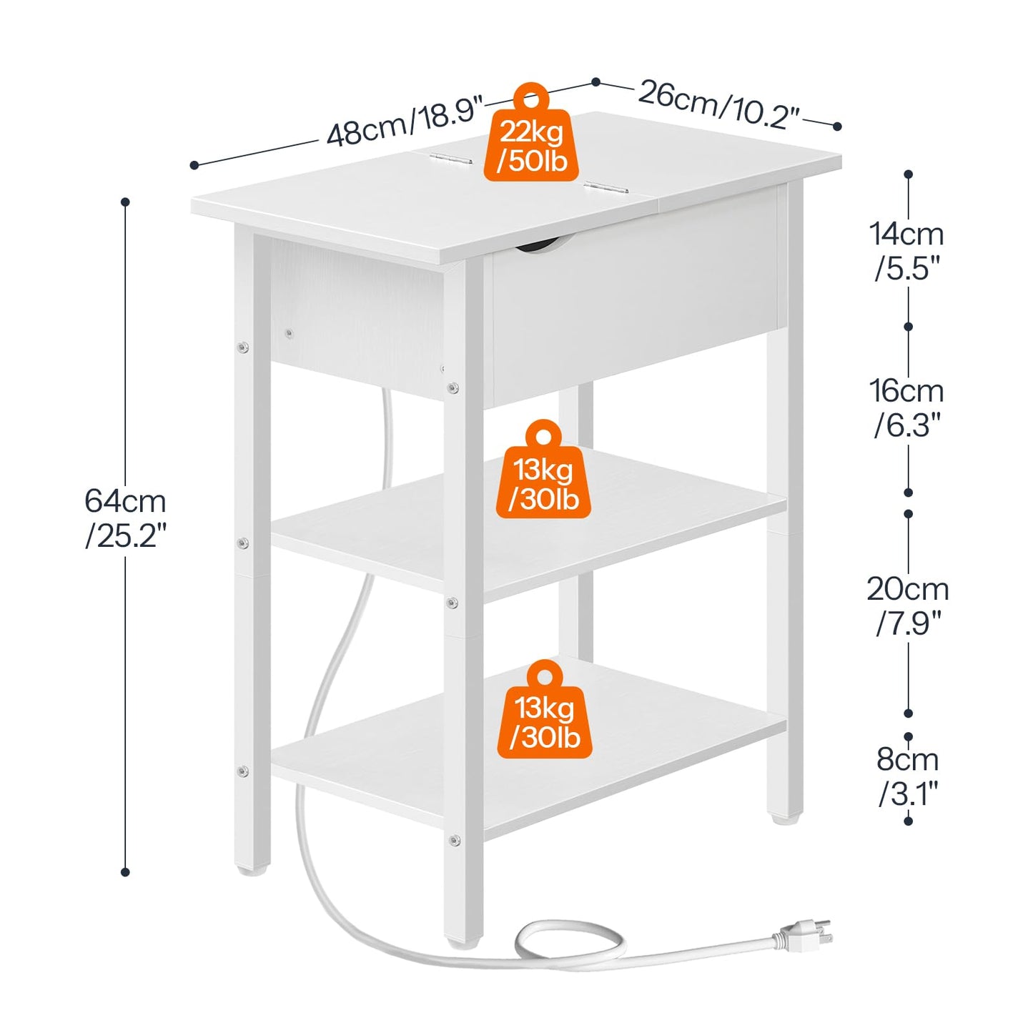 HOOBRO End Table with Charging Station, Narrow Side Table, Flip Top Nightstand with USB Ports and Outlets, Bedside Tables with Shelf for Small Spaces, Living Room, White WT341BZ01