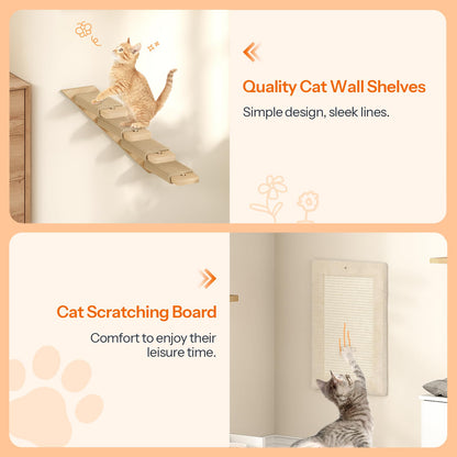 HOOBRO Natural 5-Piece Modern Cat Wall Furniture Set with Hallway & Plush Hammock & Steps & Scratching Post & Climbing Frame