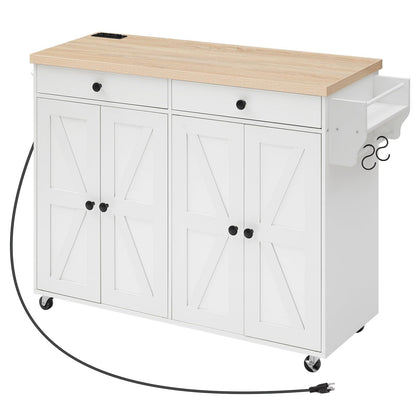 HOOBRO White 43.3-inch Portable Kitchen Island with Power Outlet & Storage & Spice Rack & Hooks