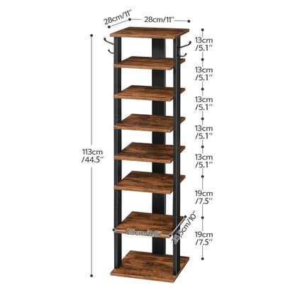 HOOBRO Vintage Brown 8-Tier Wooden Vertical Shoe Rack with Hooks