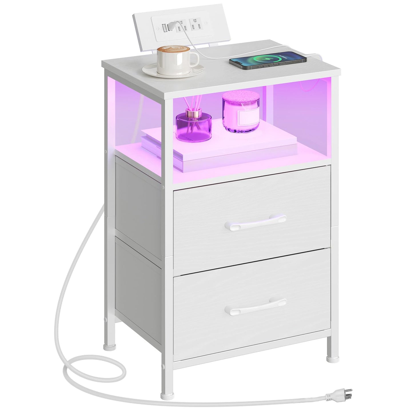 HOOBRO White Bedside Table for Bedroom with Charging Station & LED Light & 2 Fabric Drawers & 2 AC Power Outlets & USB Port