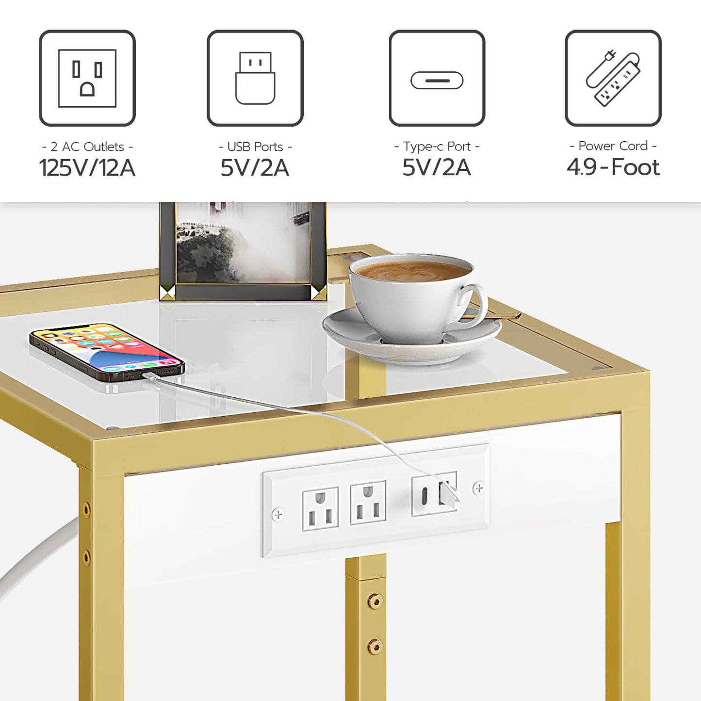 HOOBRO Gold Modern Metal Frame Tempered Glass Desktop Side Table with USB Port & Charging Station / 2PICS